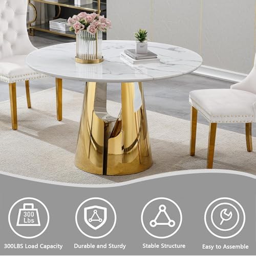 Image of 7-Piece Round Dining Table Set for 6, Modern Faux Marble Kitchen Table and Beige Velvet Chairs Set of 6, Luxury 45 inch Circle White Gold Dining Room Tables with Stainless Steel Base