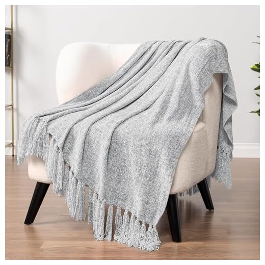 PAVILIA Chenille Tassel Fringe Throw Blanket | Velvety Textured Decorative Knit Throw for Sofa Couch Bed | Soft Boho Woven Cozy Lightweight Knitted Throw | Light Grey 50 x 60 Inches