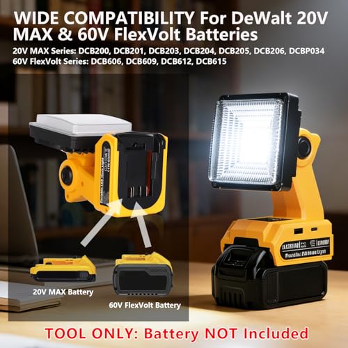 Image of DTEZTECH LED Work Light for Dewalt 20V Max Battery, 25W 1500LM Portable Cordless Work Light with 90 Pivoting Head, USB-A & USB-C Charging Ports for Jobsite, Workshop, Camping & Emergency (Tool Only)