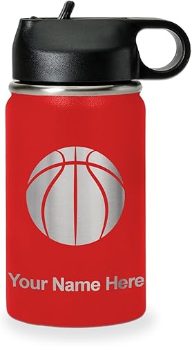 Miniatura 14 de LaserGram Botella de agua personalizada, pelota de baloncesto, acero inoxidable de doble pared aislada al vacío con popote superior, regalo grabado