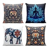 WJCHXD Bohemia Pillow Covers 18x18 Inch Set of 4, Elephant Buddha Lotus Mandala Flower Throw Pillow Covers Farmhouse Cushion Case Decor for Sofa Couch