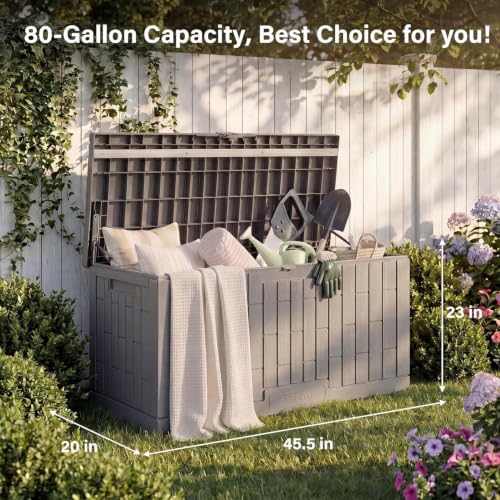 Image of EAST OAK Outdoor Storage Box, 80 Gallon Deck Box, Waterproof Resin Storage Bin for Patio Cushions, Gardening Tools, Lockable, UV Resistant, Ash Grey