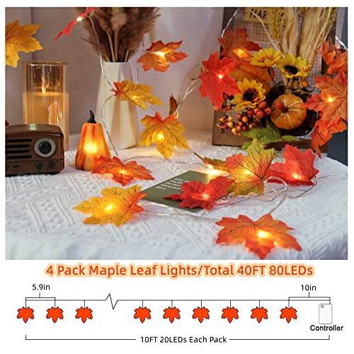 Runleo 4 Pack Fall Decorations Maple Leaf Lights Garland, Total 40Ft 80Led Lights Battery Operated Fall Leaves Garland With Lights Autumn Harvest Lights String Home Indoor Outdoor Thanksgiving Decor thumb #2