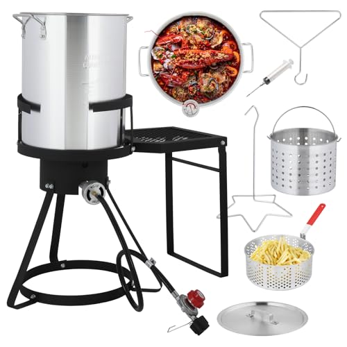 Outvita 30Qt Turkey Deep Fryer & 10QT Fish Fryer Kit w/Baskets, Aluminum Fish & Seafood Boiler Steamer with 55,000 BTU Propane Gas Burner & Additional Prep Table, Ideal for Outdoor Fry