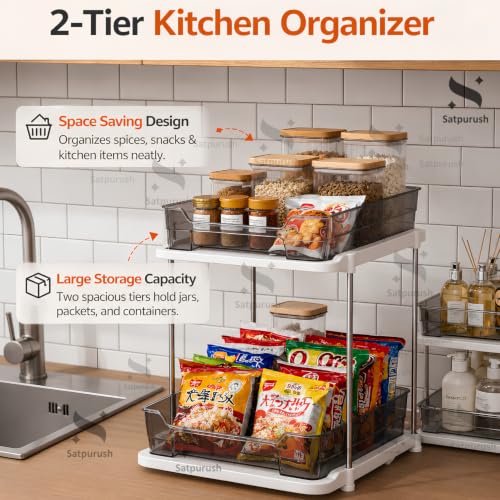 Image of Satpurush 2 Tier Kitchen Organizer Rack for Countertop, Space Saving Multipurpose Organiser with Transparent Trays for Spice Jars, Oil Bottles & Containers, Large + Compact, Smoke Gray
