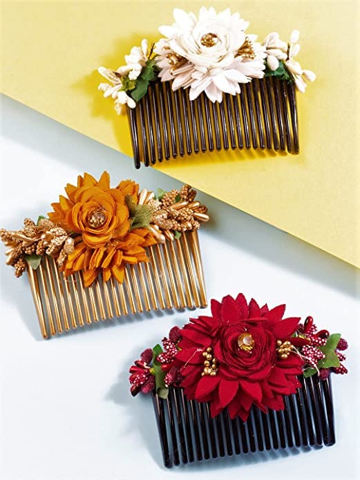 BBRATS Multicolour Pack of 3 Acrylic Comb Indo Western Embroidered Fancy Bridal Hair Clip/Side Pin/Comb Pin/Jooda Pin Hair Accessories with Cloth Rose Flower Embroidery for Women and Girls