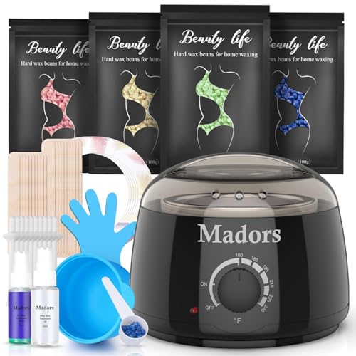 Madors Waxing Kit Wax Warmer Wax Kit for Hair Removal With 4 Wax Beads Silicone Wax Pot for Full Body Legs Face Eyebrows Bikini Brazilian at Home (Black Waxing Kit)
