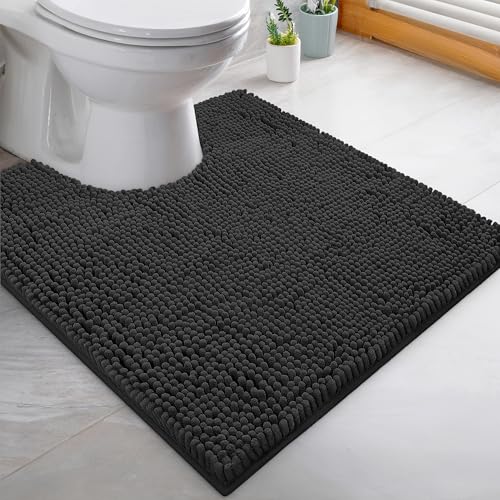LuxUrux Black Toilet Rug - Extra-Soft Plush Bath Shower Bathroom Rug,1'' Chenille Microfiber Material, Super Absorbent Shaggy Bath Rug. Machine Wash & Dry (20 x 20, Black)