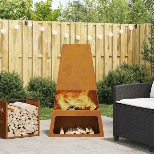 Gecheer Feuergrill mit Holzlager, kegelförmiges Design 60x35x100 cm aus Cortenstahl, für gemütliche Outdoor-Abende und Familientreffen858939