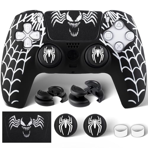 PlayRealm Silicone Skin Cover Sticker x 1 & Extender Grips x 2 for PS5 Controller Venom Web
