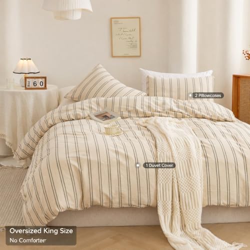 Image of ECOCOTT Duvet Cover Oversized King Size - Linen Feel Organic Natural 100% Washed Cotton, Soft Breathable & Durable Bedding Set, Comfy Stripe Design for All Seasons