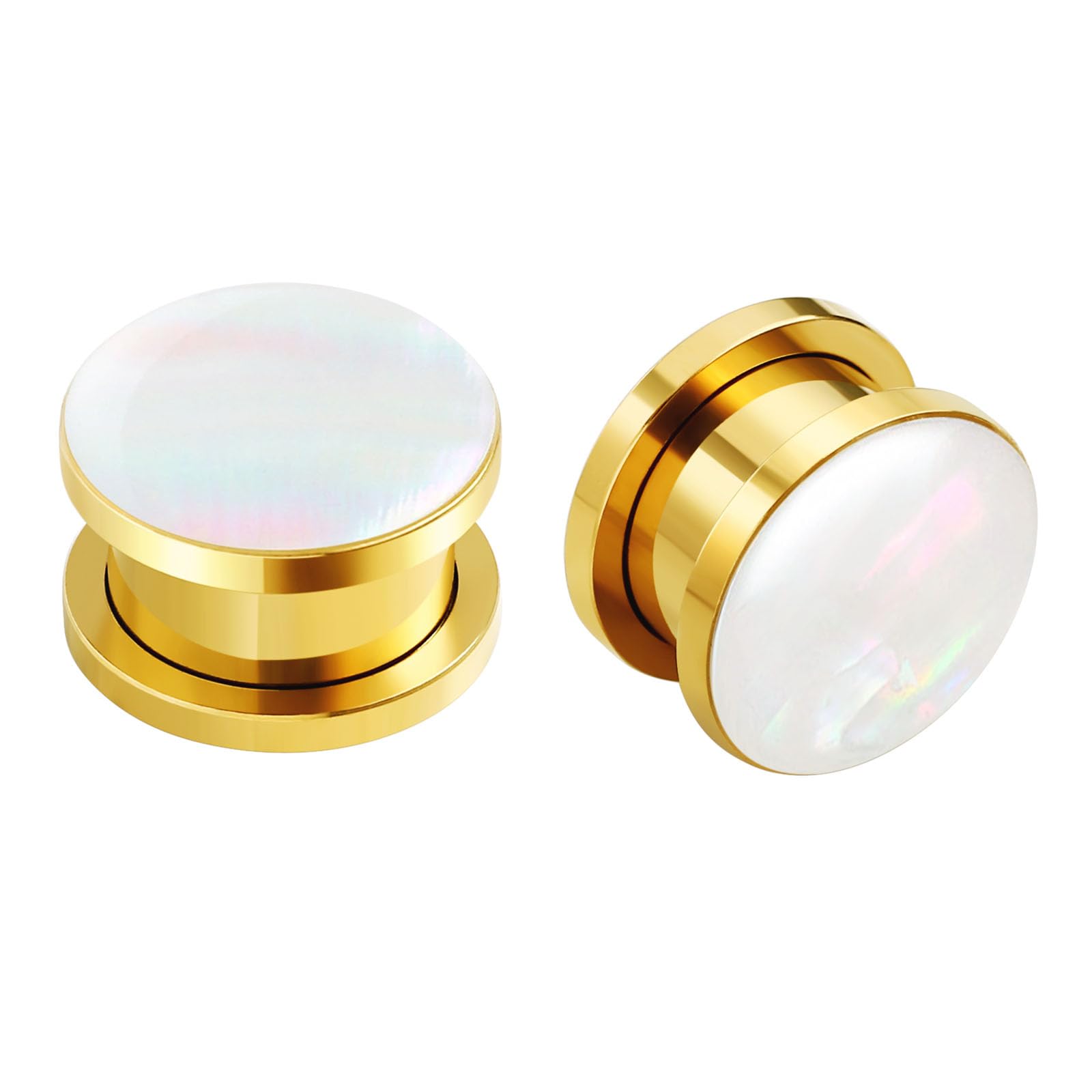 Wycian Tunele z perłą, złote, 12 mm, do wkręcania, ze stali nierdzewnej, z masy perłowej, pozłacane, stal chirurgiczna 316L, zestaw 2 szt. do wkręcania, spirala dla kobiet
