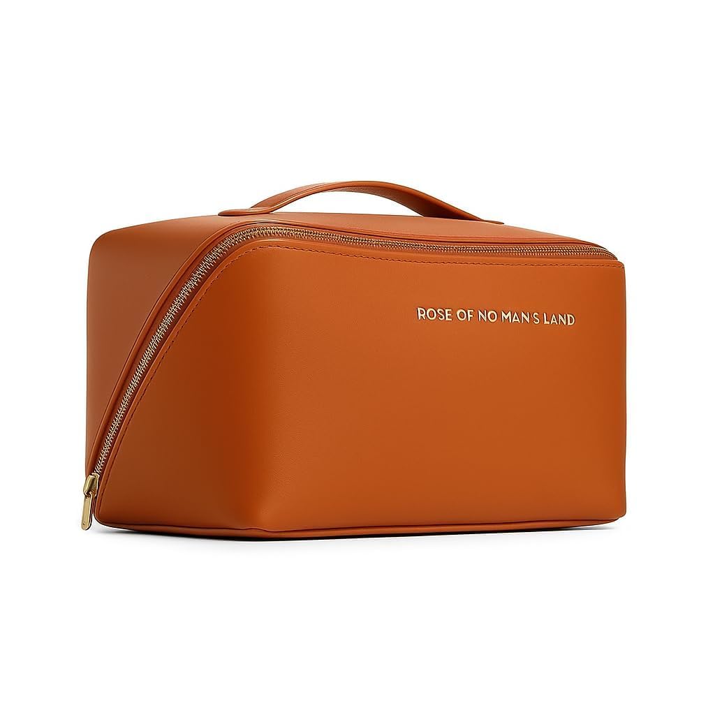 Rose of No Man's Land Large Makeup Bag, Brown PU Leather | Waterproof Fabric, Gold Metal Zipper, Top Carry Handle, Wide Open Access, Inner Compartments-picture-11