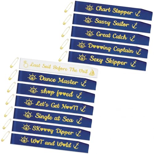 Giegxin 12 Pack Nautical Bachelorette Decoration Last Sail Before The Veil Bachelorette Sashes Navy Blue Bride Tribe Sashes with Fun Nautical Phrases for Sailing Theme Bridal Shower Party Favor