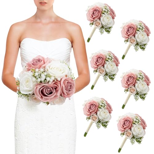 DIYDOFUN Wedding Bridesmaid Bouquets Set of 6, Artificial Silk Flowers