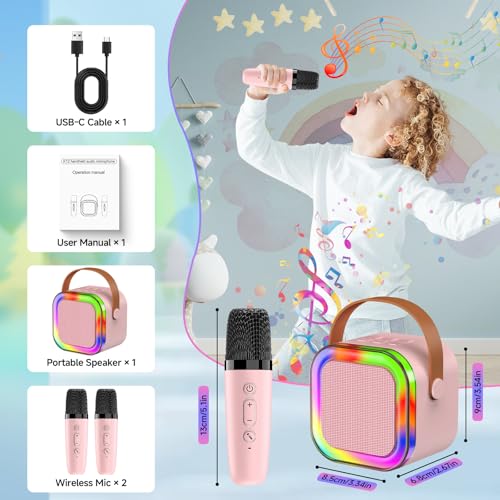 Image of Karaoke Machine with 2 Mic, Wireless Microphones for Kids Adults Toddler with LED Party Lights, Mini Kids Microphone Christmas Birthday Gift for Girls Toys 4, 5, 6, 7, 8, 10 12+ Years Old 【Pink】