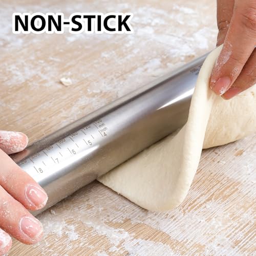 Foto von SUPER KITCHEN Nudelholz Einstellbares Edelstahl Teigroller, Antihaft Metall Nudelhölzer Fondant Teigrolle mit abnehmbare Ringe in 5 Größen, Backzubehör Rolling Pin für Pizza, Cookie, Gebäck Teig, 40cm