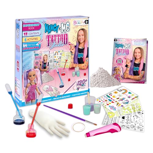 Nancy & Me - Tattoo Studio, Kit de Tatuajes Temporales, CREA y Personaliza Tus Propios Tatuajes, Incluye un Aplicador de Tatuajes, 120 Diseños Distintos Multicolor, GID y Negros, Famosa (NAY00000)