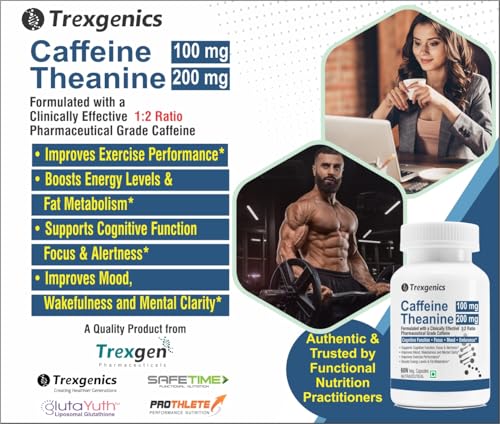 Image of Trexgenics L-THEANINE 200 mg, CAFFEINE 100 mg Cognitive Function, Refresh, Focus, Mood, Endurance Support (Theanine 200mg + Caffeine 100mg (60 Veg Caps))