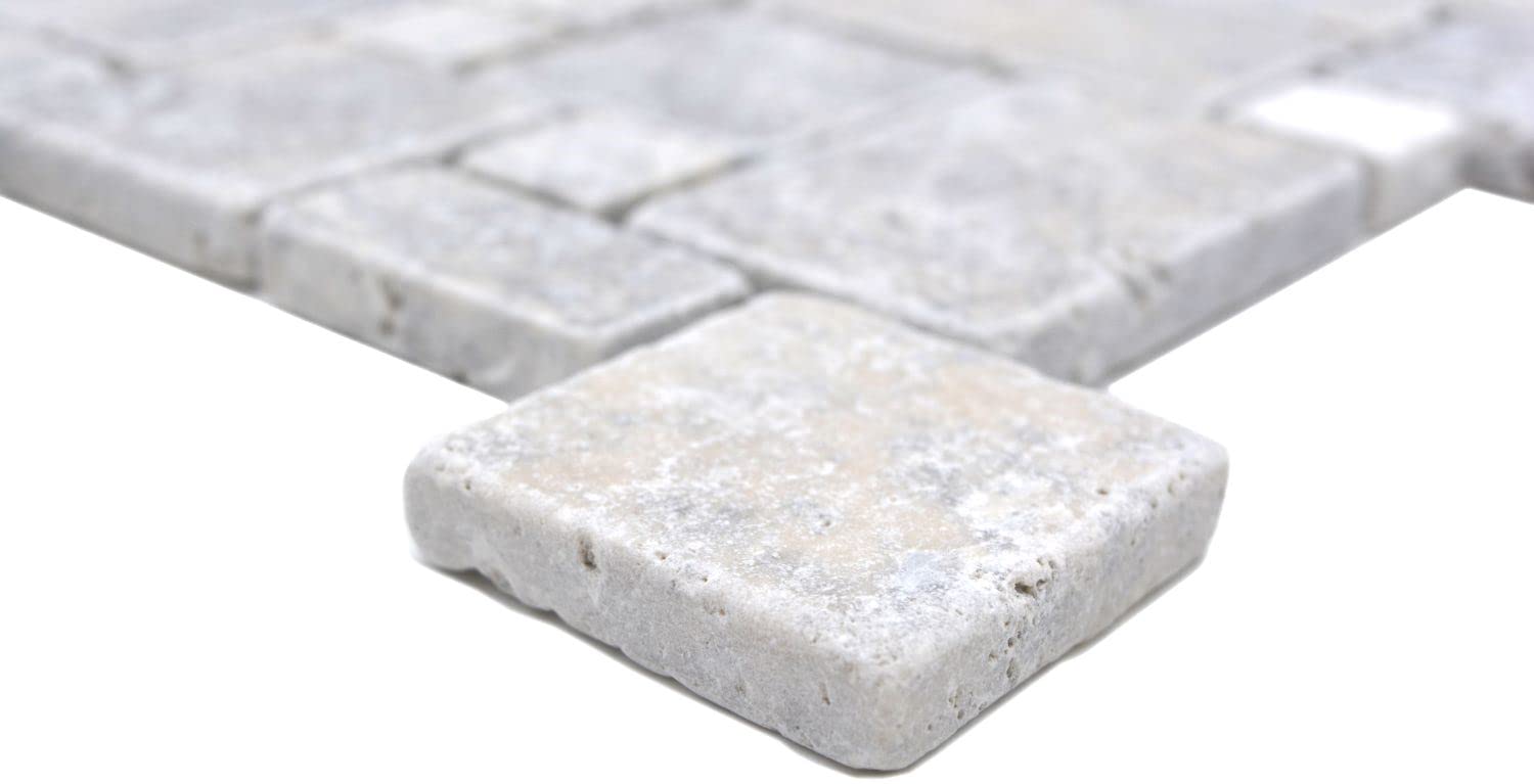 Azulejos de mosaico de piedra natural con travertino, blanco y gris mate, para pared, suelo, cocina, baño, ducha, placa de mosaico