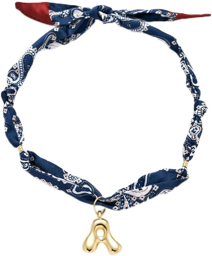Initial Silk Scarf Necklace for Woman Personalized Blue Paisley Bandana Bubble Letter Scarf Choker Necklace Fashion Western Jewelry for Country Cowgirl Graduation Gift for Her