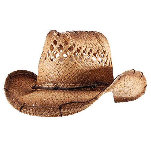 Image of Men's Cowboy Hats Summer Women Beach Cowgirl Hat Raffia Unisex Western Sun Hat