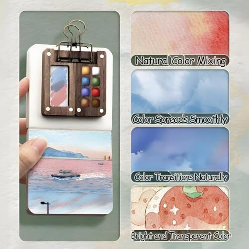 Image of DIANZHU Pocket Artist Watercolor Travel Set, Wooden Paint Palette Travel Kit, Mini Portable Watercolor Palette with Clip for Artists Painters Students (12 Colors 8 Grid Set 3 Brush Pen)