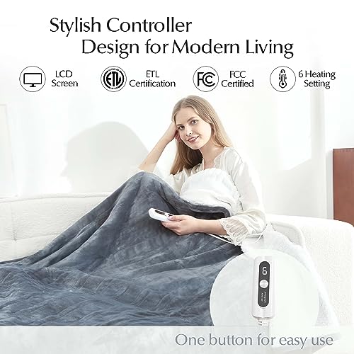 Electric Heated Blanket Full Size, Soft and Cozy Thickened Flannel and Sherpa Electric Blanket for Bed, Automatic Safety System 6 Heating Levels & 10 Hours Auto-Off, 72"x84" London Grey