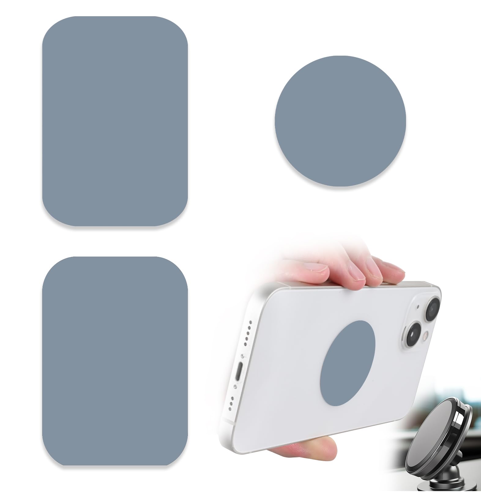 Phone Magnets for Back of Phone, Universal Metal Plates, 2 Rectangular and 2 Round with Adhesive, car Phone Magnets (Gray)