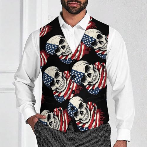 USA Flag Skull Scarf Men's Suit Vests Business Formal Dress Vest V-Neck Waistcoat for Wedding Casual2