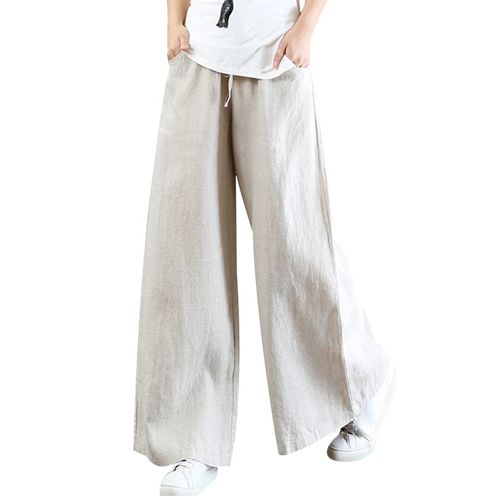 Wide Leg Trousers for Women Loose Fit Cotton Linen Elastic High Waist Pants with Pockets