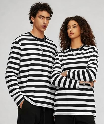 Image of KESIHAN Mens Striped Long Sleeve Shirt Crewneck Casual T-Shirt Basic Stripe Cotton Spandex tee Shirt