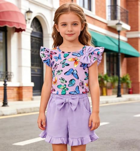 Image of Barlver Girls 2 Piece Short Set Baby Girl Summer Clothes Ruffle Sleeve T-Shirt and Bow Knot Shorts Toddler Girl Outfit Set