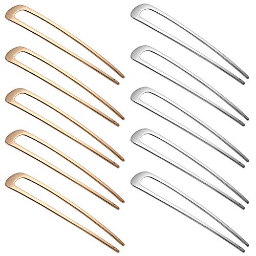 QiaoShiRen 10 Pack Metal U Shaped Hairpins Hair Fork Hair Stick Hair Comb Updo Chignon Pin for Hair Accessories,Gold and Sliver