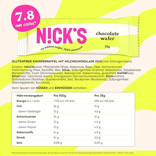 NICKS Low Carb Riegel Schokolade Wafer glutenfrei, 165 Kalorien, Snack für Diät und Fitness ohne Zuckerzusatz (24 Kexbar