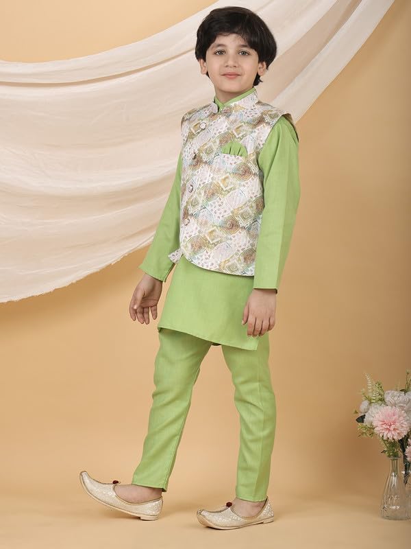 Image of superminis Boys Cotton Printed Full Sleeves Kurta Pyjama with Jacket Ethnic Wear Set