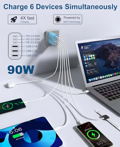 Image of 90W GaN USB C Charger Block,6-Port USB C Wall Charger Fast Charging 45W PD Power Adapter for iPhone 17Pro Max /Samsung Galaxy S24 Ultra /Tabs /MacBook Air /iPad Pro for Home Travel