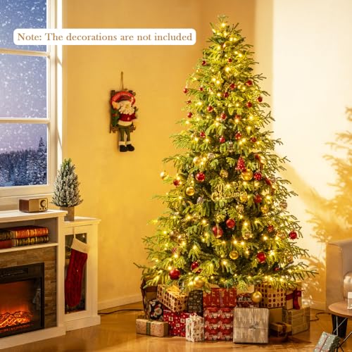Image of Goplus 7 FT Pre-Lit Artificial Christmas Tree, Hinged Full Xmas Tree with 1090 PVC & Soft TPE Branch Tips, 370 Warm White LED Lights, Foldable Metal Stand, Home Office Holiday Decoration