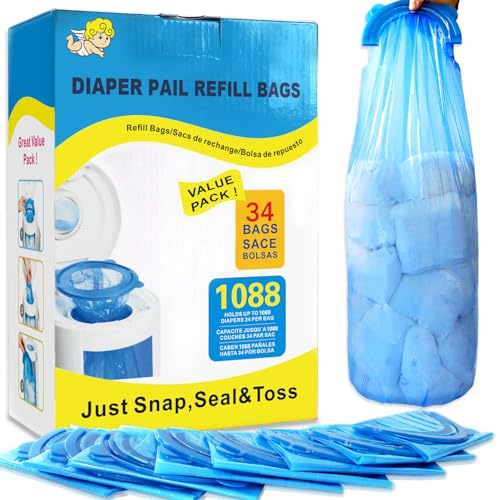 Image of Diaper Pail Refill Bags,34 Bags Holds 1088 Counts Compatible with Arm&Hammer Diaper Pail Disposal System,Diapers Pails Snap,Seal and Toss Pail Refill Bags