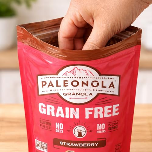 Image of Paleonola Strawberry Grain Free Granola, 10 Oz Resealable Bag (Pack of 1) - Grainless Paleo Granola Blended w /Organic Maple Syrup, Almonds, Dried Strawberries, & Pecans - Gluten & Dairy Free, Non-GMO