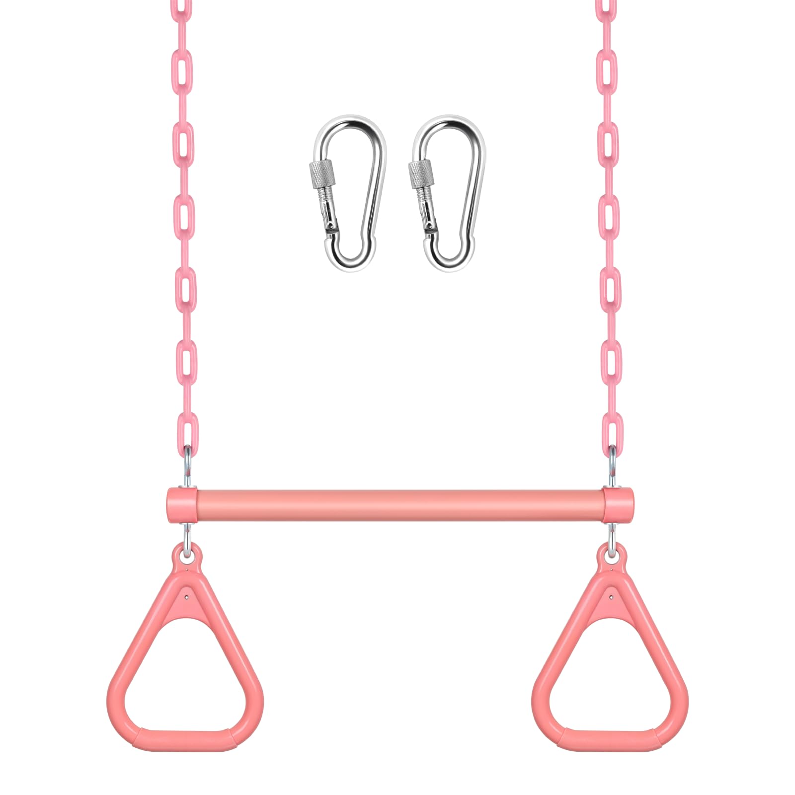 LadyRosian 17" Trapeze Bar Swing Set Gym Rings 47" Heavy Duty Chain Swing Set Accessories with Locking Carabiners Plastic Coated Chains Monkey Bars for Backyard, Playroom (Pink)