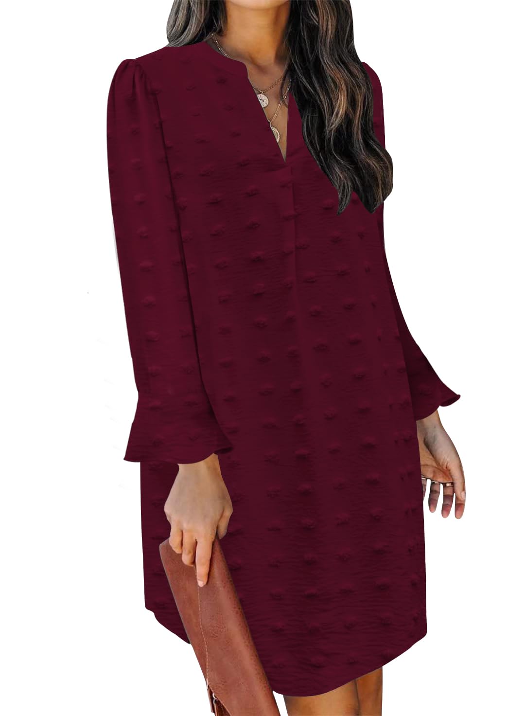 QACOHU Women's Fall Long Ruffle Sleeve V Neck Shift Dresses