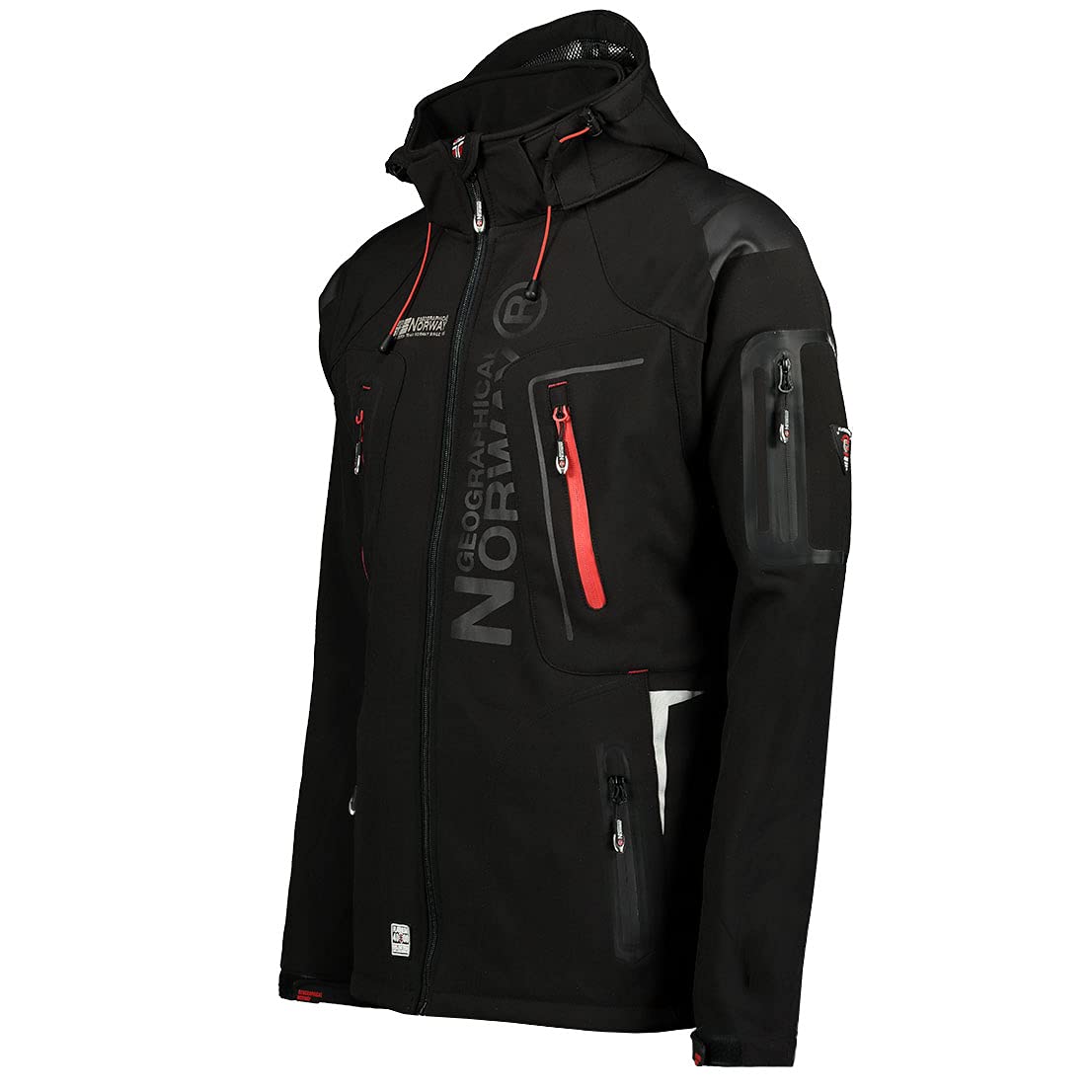 Geographical Norway Techno Men - Giacca Cappuccio Softshell Impermeabile Uomo - Giacca Vento Tattica Da Esterno - Escursionismo Sci Autunno Inverno Primavera (Nero rosso L)
