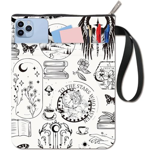 CRASPIRE Gothic Book Covers Moon Book Sleeve White Book Protector for Paperbacks Washable Fabric Cloth Book Cover with Zipper and Extra Sleeve Pocket for Book Lovers Classmate Gifts