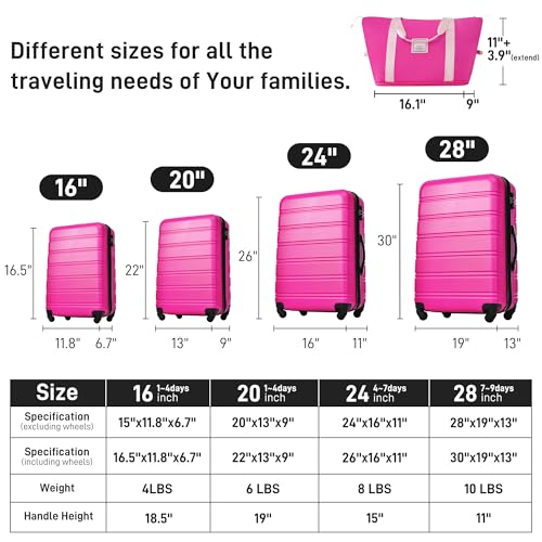 Hardshell Luggage Sets 4 pcs + Bag Spinner Suitcase with TSA Lock Lightweight-16+20"+24"+28" Luggages,Pink2