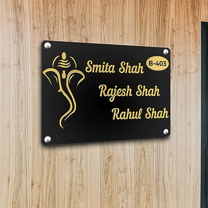 Bright Wood Craft Ganesha Name Plate Personalised Customised NamePlates Home Entrance House Outdoor Office Outside Décor Flat Apartment Bungalow L x H 12 Inches X 8 Inches(Black And Gold)-image-15