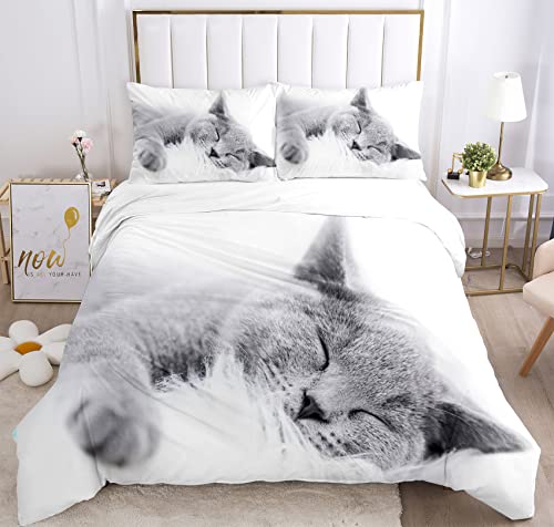 JEFFEL Sets de Housses de Couettes 3D, Animal Chat Imprimé Ensemble de Literie avec Housses de Couettes et 2 taie d'oreiller 50x75 cm, pour Lit 1 ou 2 Personnes (135x200cm, Chat 3)