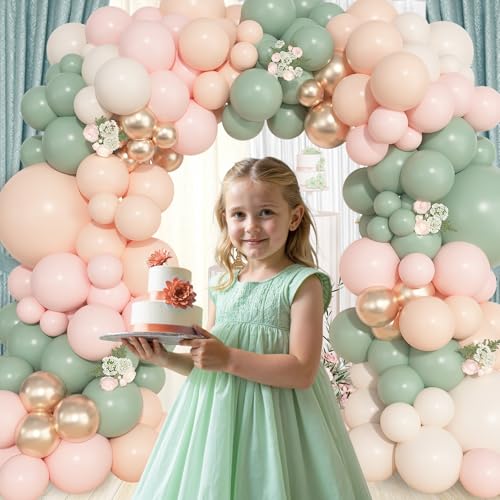 Image of Ouddy Life 157 Pcs Dusty Pink Green Balloons Arch Kit, Sand White Champagne Gold Apricot Balloon for Gender Reveal Baby Shower Birthday Tea Party Fairy Girl Wedding Jungle Safari Woodland Decorations