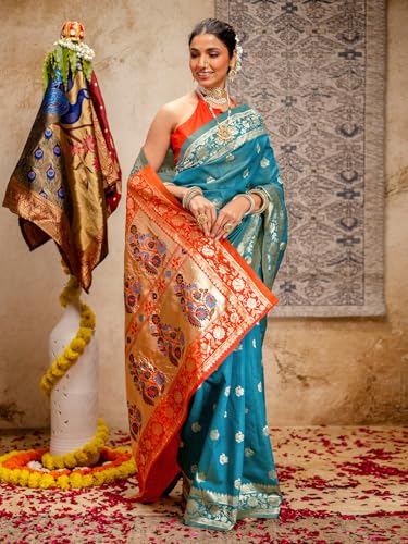 Image of SIRIL Women's Paithani jacquard Silk Saree |Chandrakor Paithani jacquard Saree With Unstitched Blouse Piece