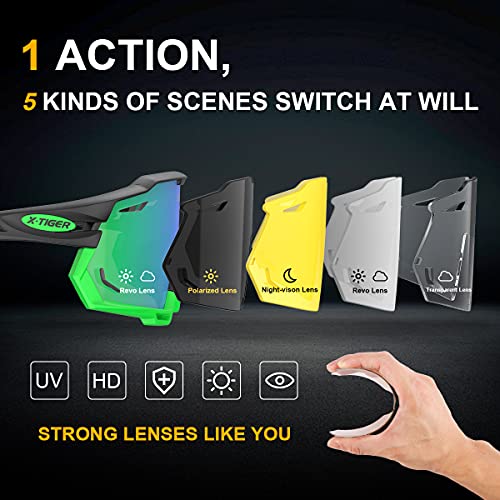 X-TIGER Lunettes de Cyclisme Lunettes de VTT Homme, Lunettes de Vélo avec 5 Lentilles Interchangeables Protection UV400, Montures TR90 résistantes au Stress, Pour Pêche Conduite Running Bicyclettes - Image 4